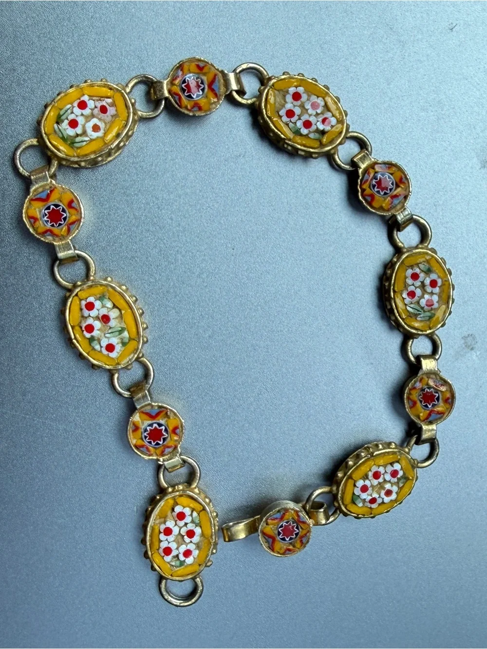 Vintage Italian Micro Mosaic Floral Link Bracelet – Yellow Millefiori Brass